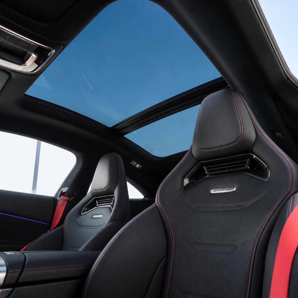Mercedes-AMG CLE 53 panoramic roof and red-stitched AMG performance seats after interior detail