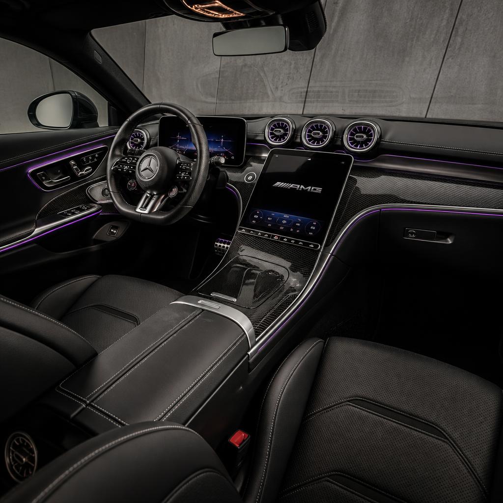 Mercedes-AMG CLE 53 interior cockpit with ambient lighting after full interior detail