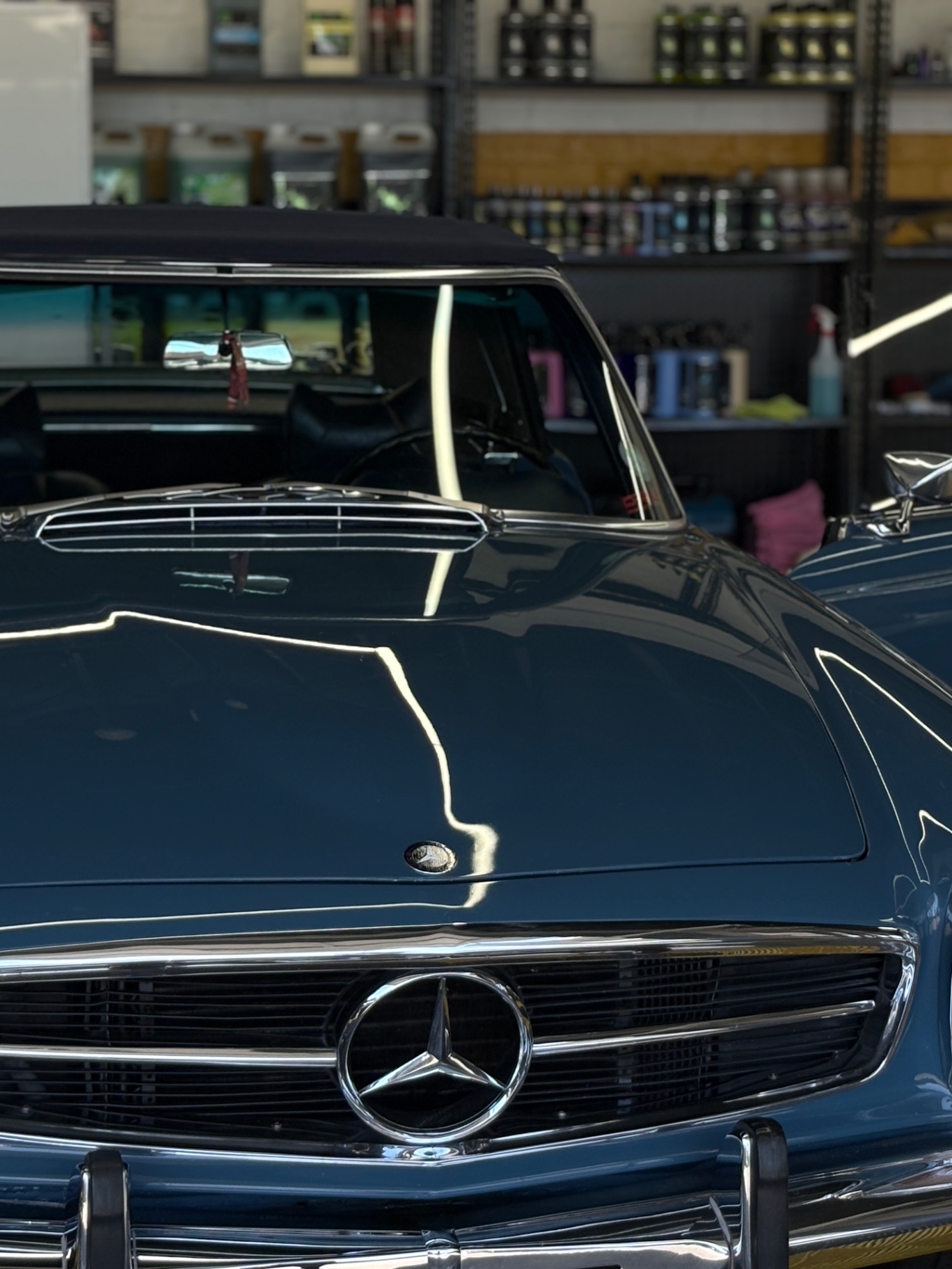 Mercedes-Benz 280SL hood reflection showing gloss after ceramic coating at Flex Auto Care Studio