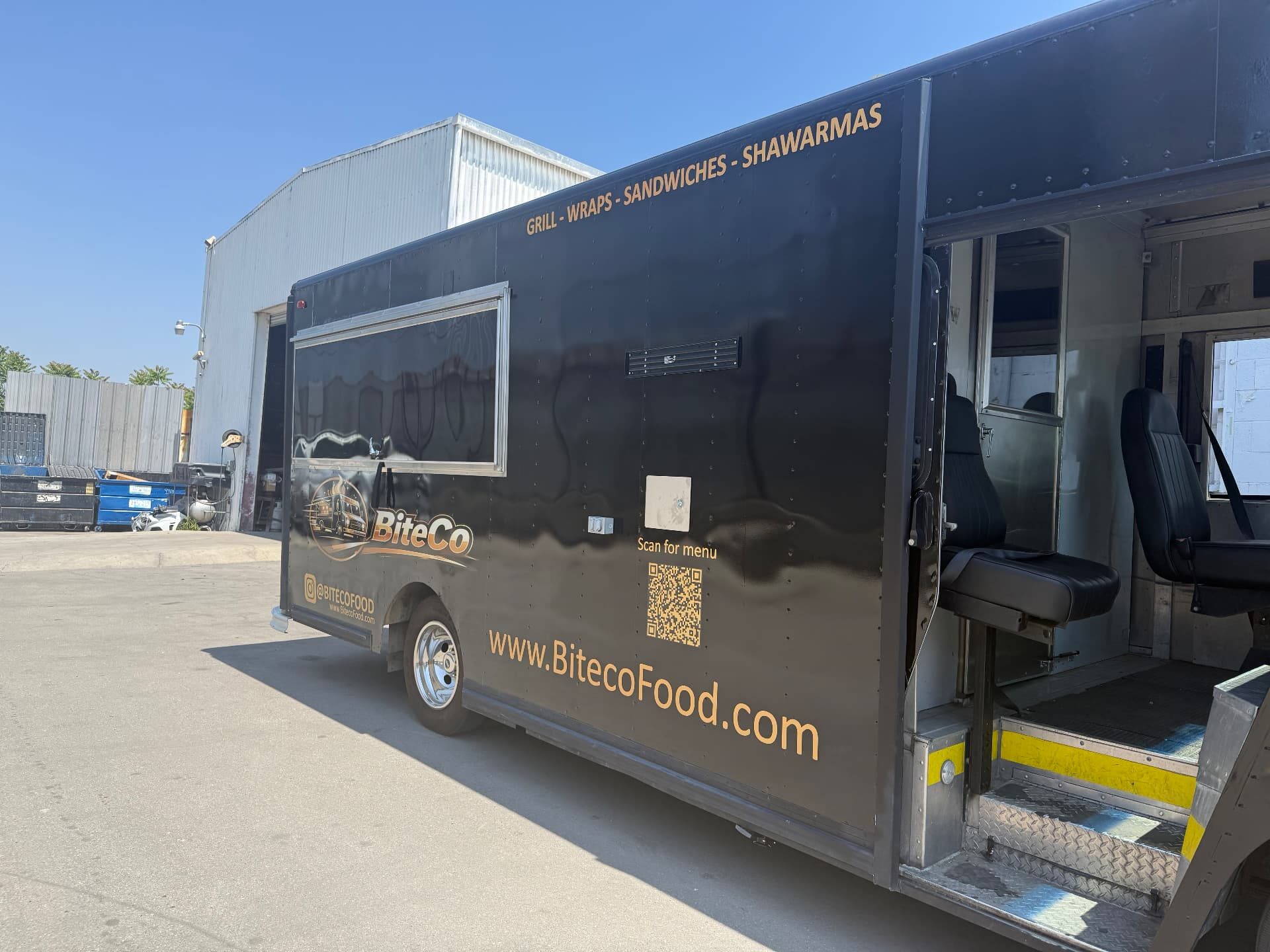 BiteCo Food truck side graphics with logo, website and menu QR code