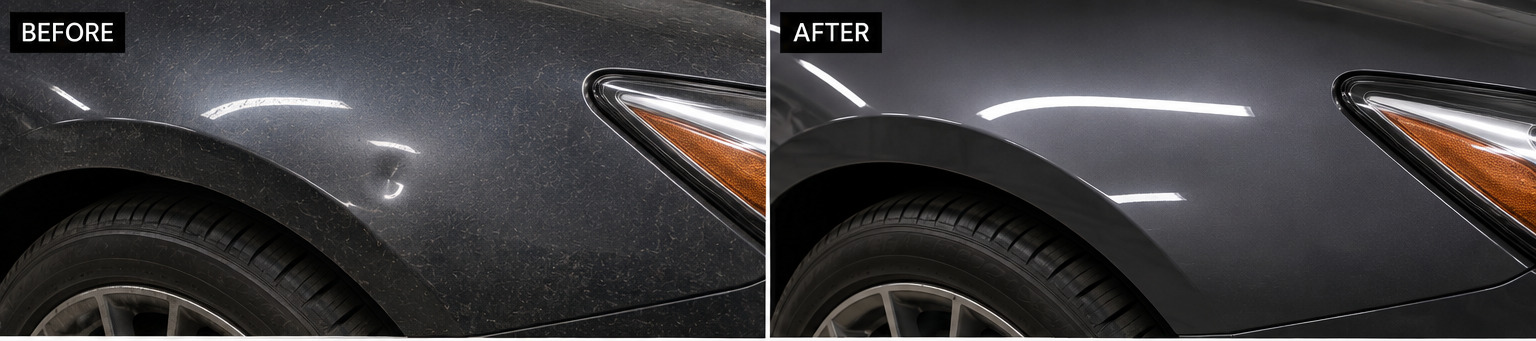 Paintless Dent Repair before and after on vehicle fender in Pasadena
