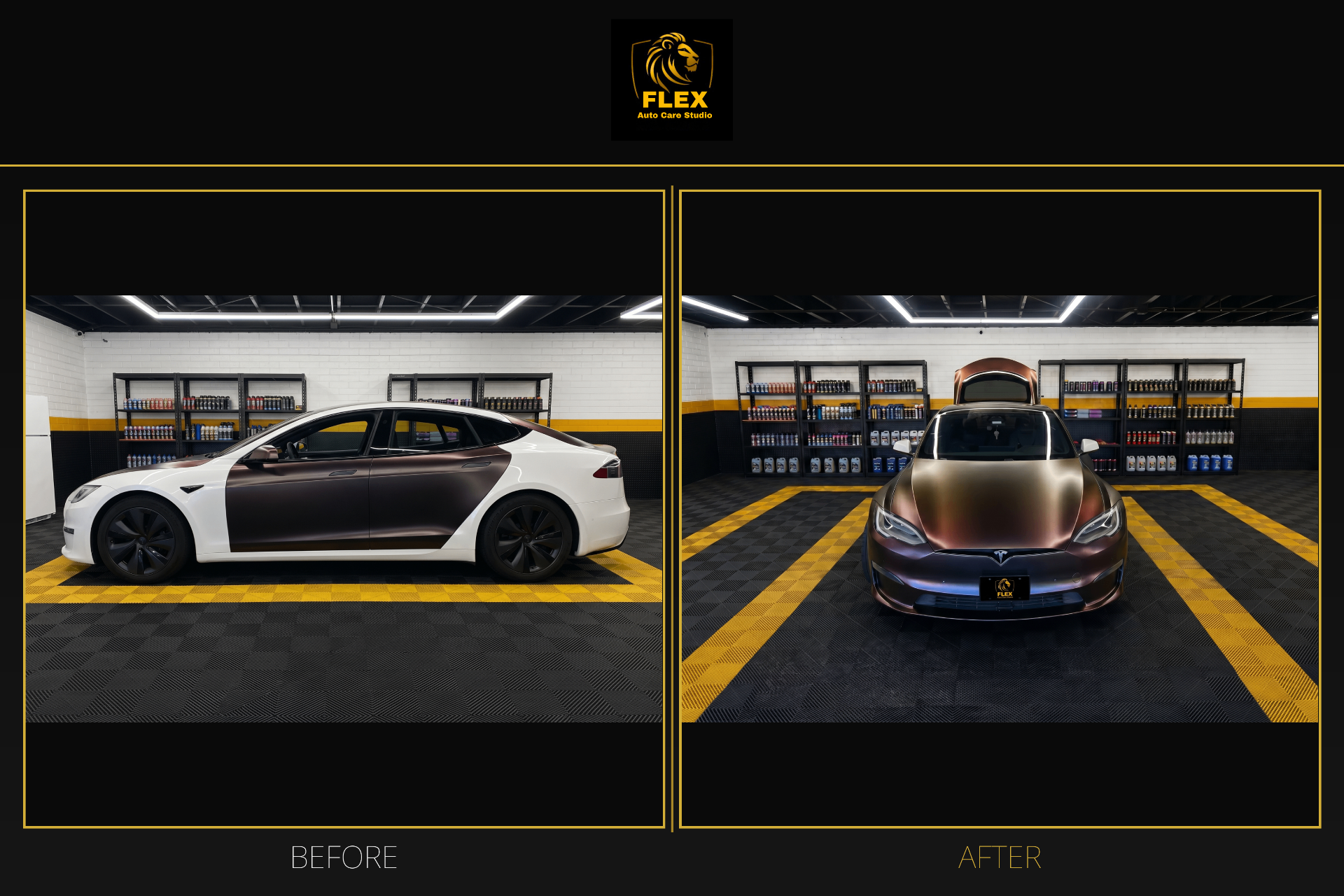 Tesla Model S color-shift wrap before and after transformation at Flex Auto Care Studio