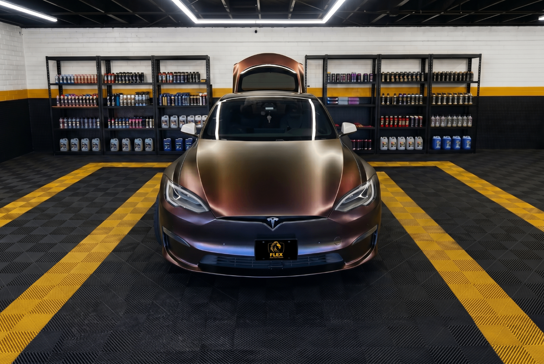 Tesla Model S front view with color-shift satin wrap in the Flex studio