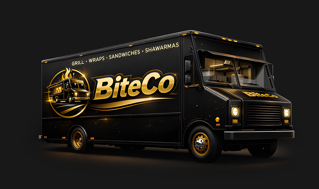 BiteCo Food truck design rendering in black and gold
