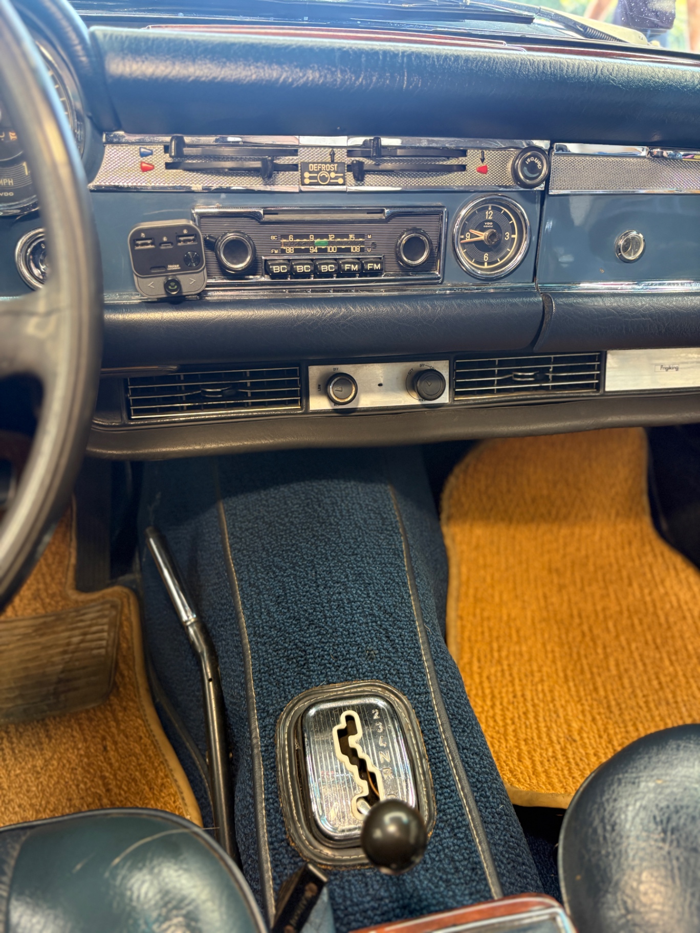 Mercedes-Benz 280SL dashboard, Becker radio and shifter after classic interior restoration detail