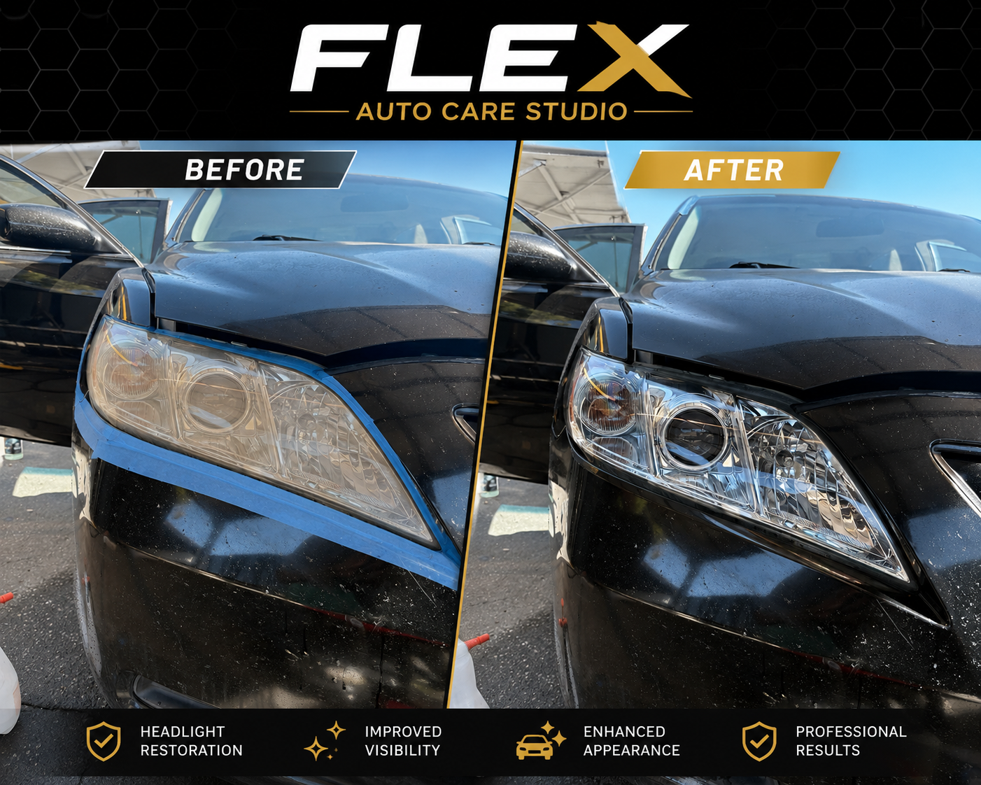 Toyota Camry headlight restoration before and after — Flex Auto Care Studio