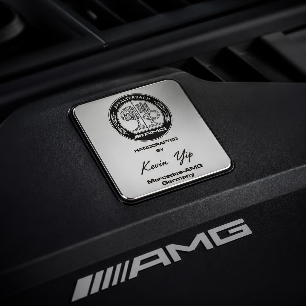 Mercedes-AMG Affalterbach handcrafted plaque on CLE 53 engine cover