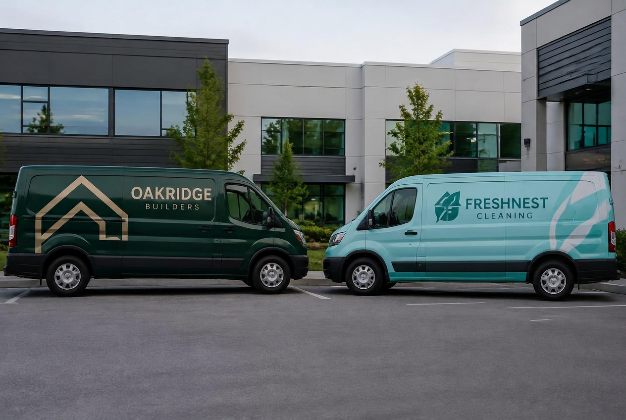 Contractor van and cleaning company van with distinct branded graphics