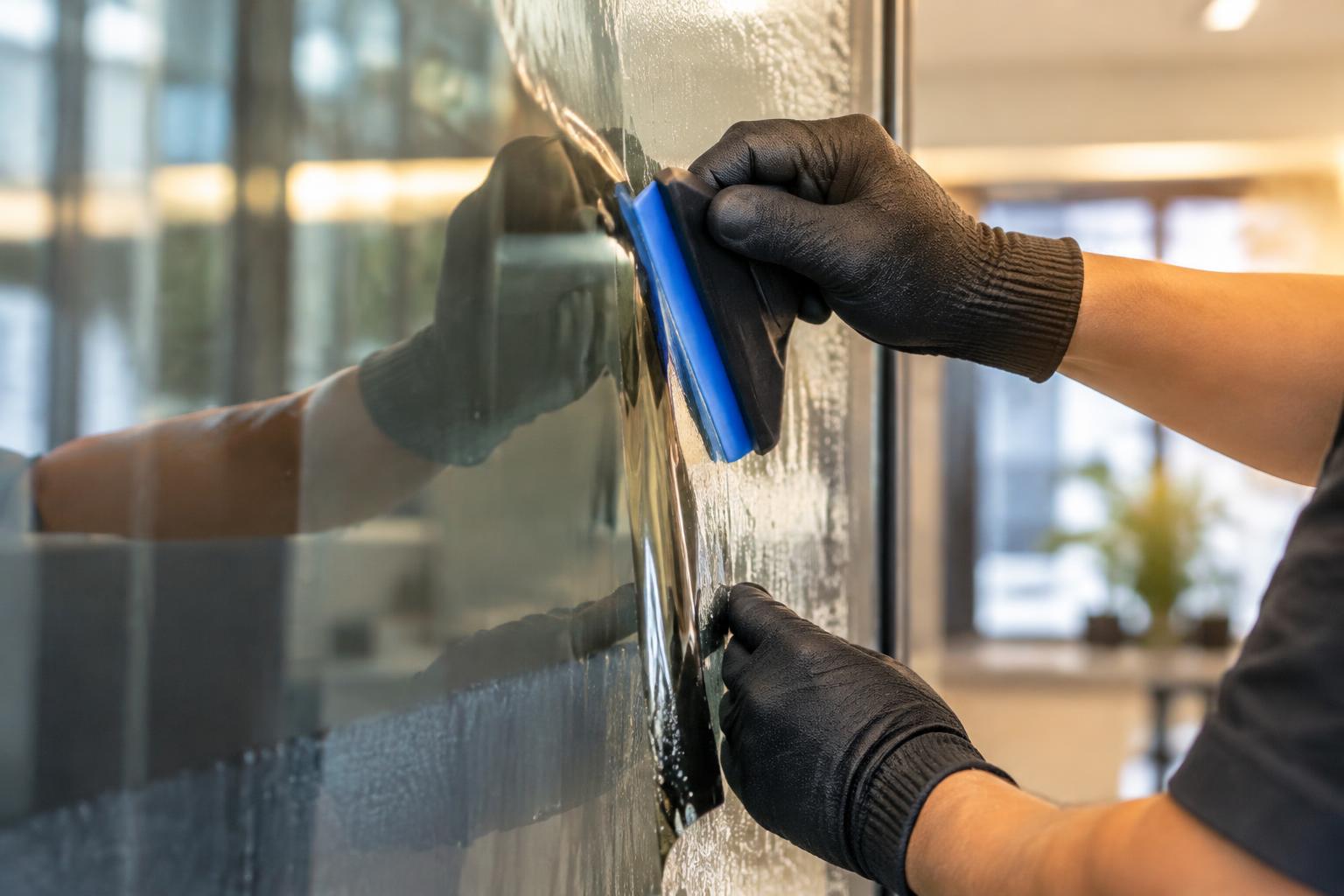 Installer applying window film with a squeegee on interior glass