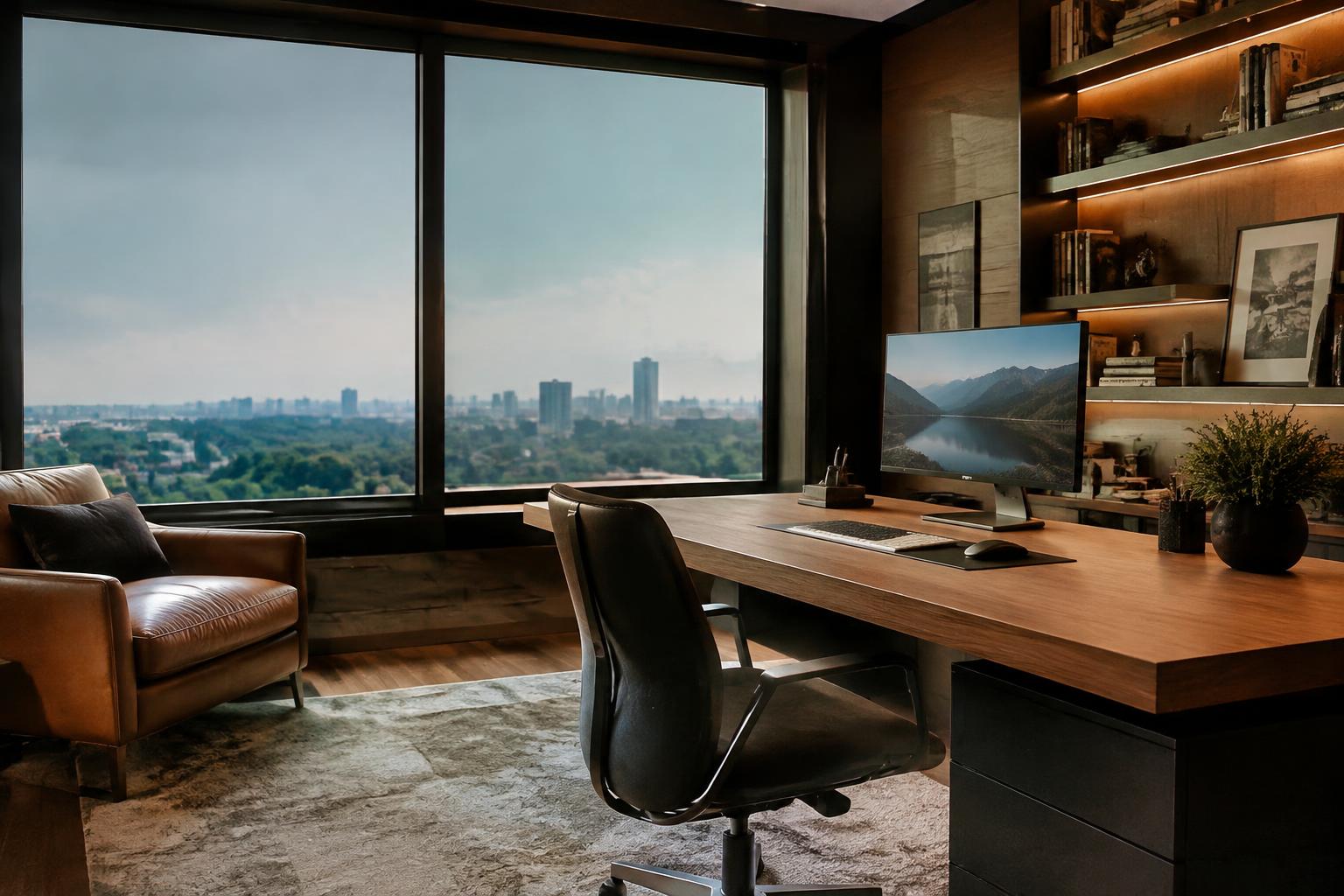 Home office with large window and glare-free monitor