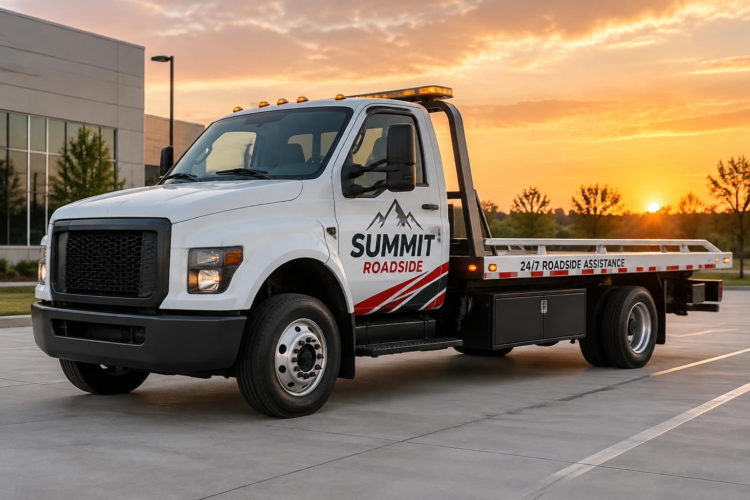 Flatbed tow truck with red and charcoal roadside-assistance graphics