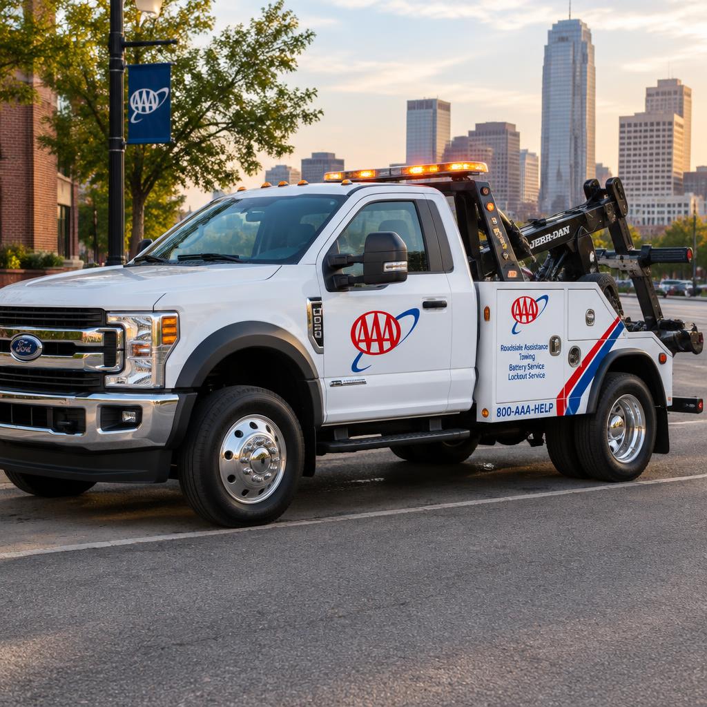 Wheel lift tow truck with AAA roadside assistance branding